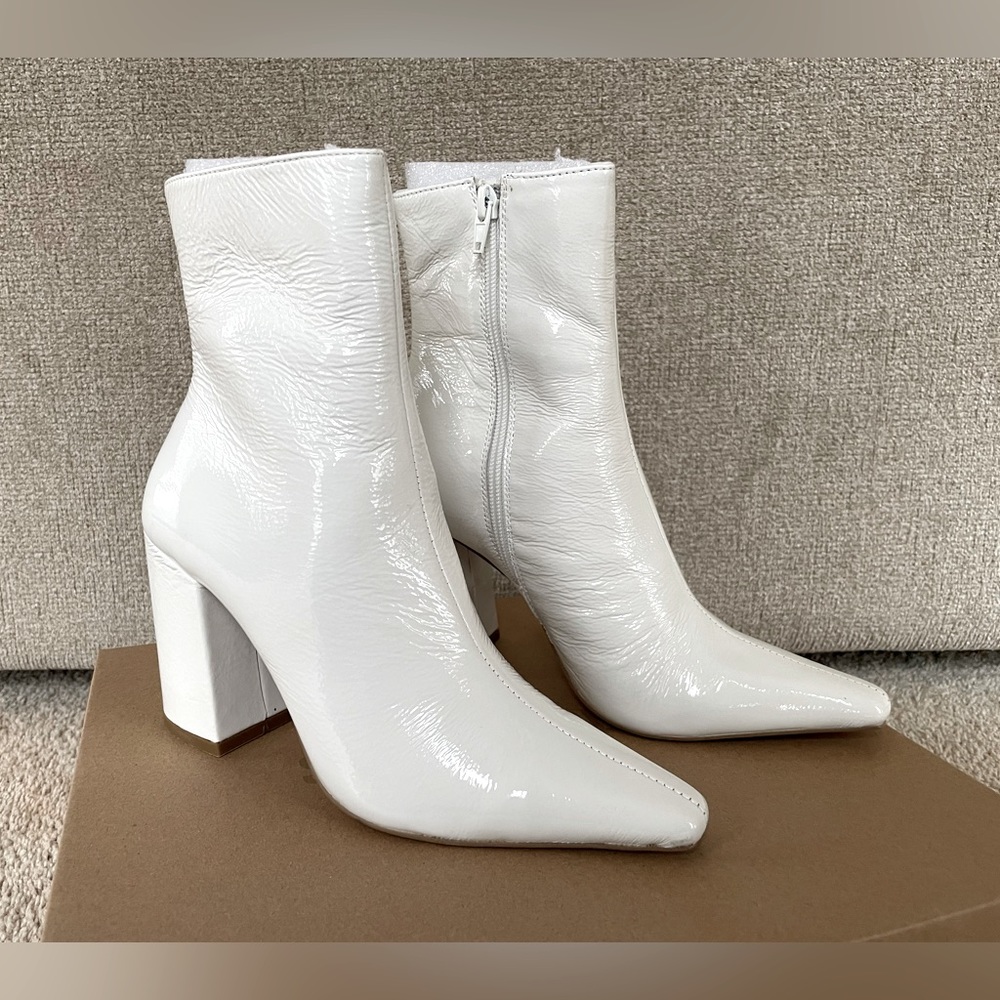 STEVE MADDEN Zoe White Patent Ankle Bootie